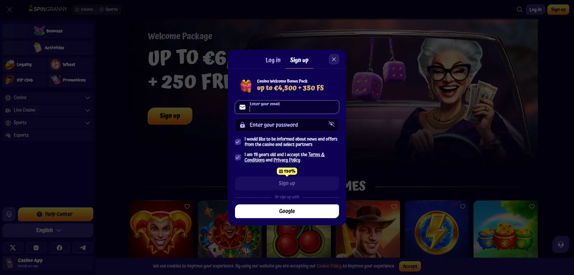 Spingranny Casino registrazione account nuovo giocatore italiano